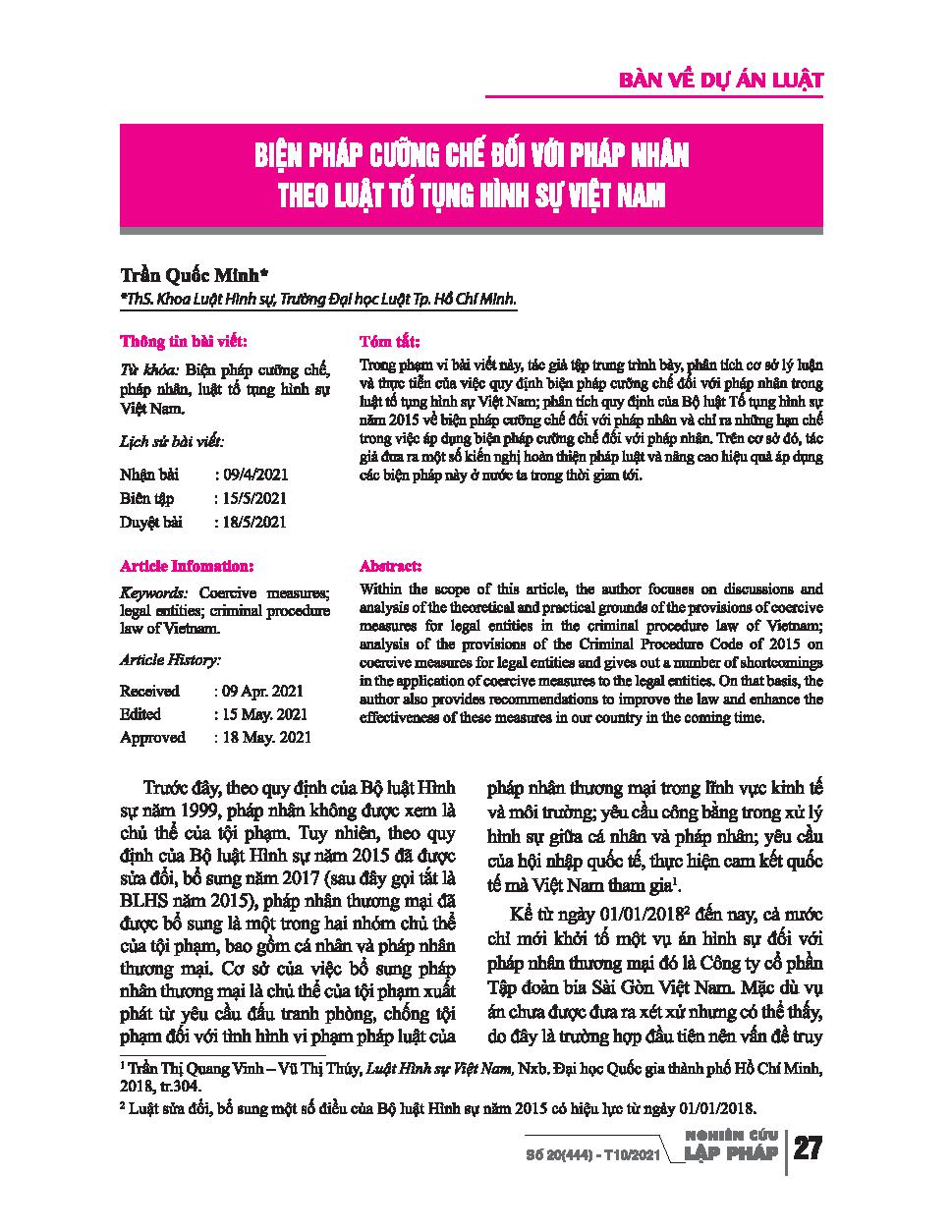 Biện pháp cưỡng chế đối với pháp nhân theo Luật Tố tụng hình sự Việt Nam / Trần Quốc Minh