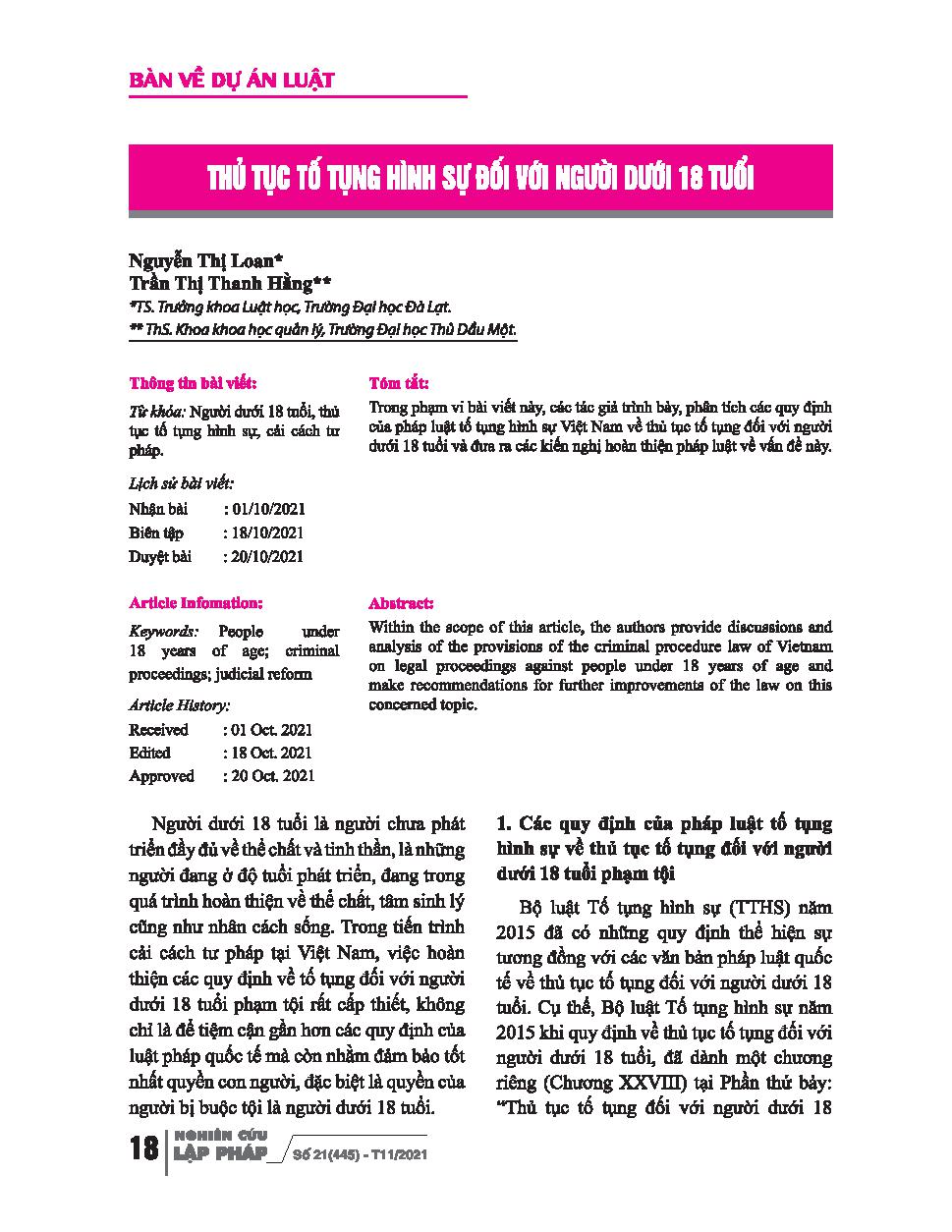 Thủ tục tố tụng hình sự đối với người dưới 18 tuổi / Nguyễn Thị Loan, Trần Thị Thanh Hằng