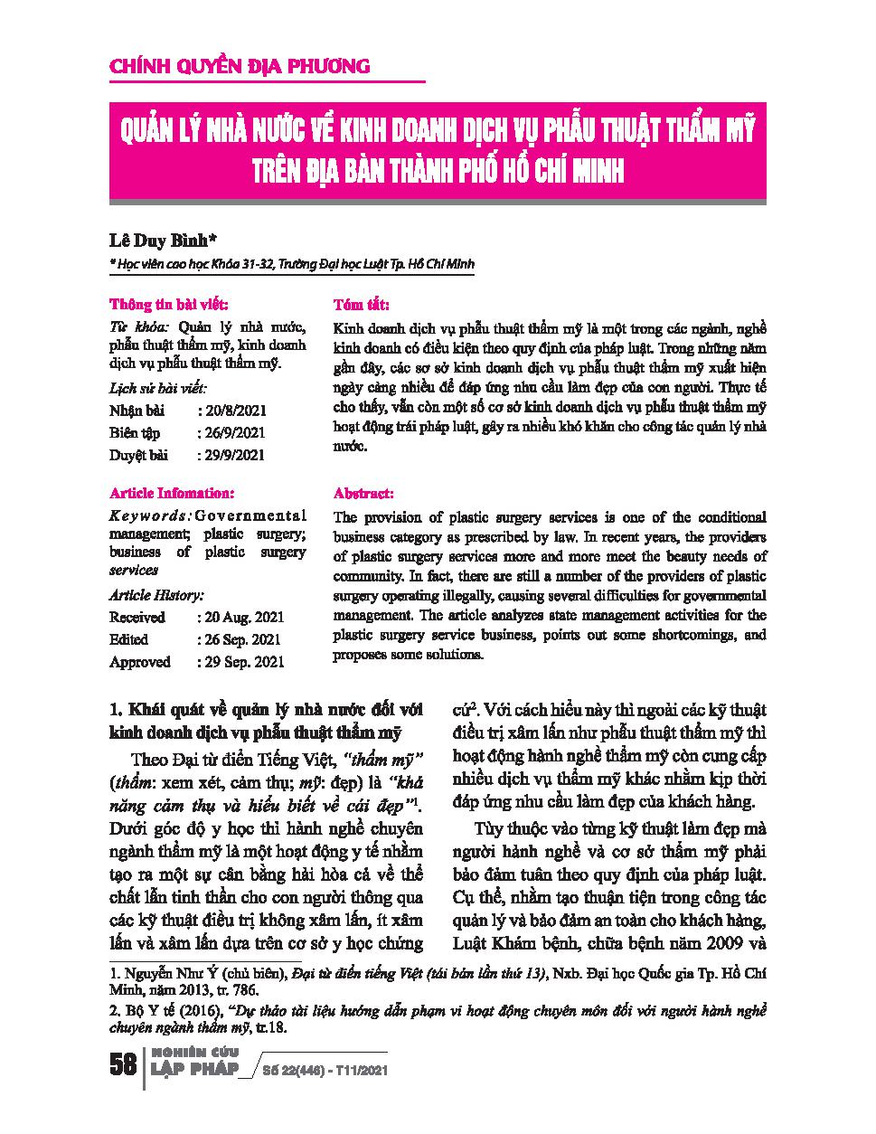 Quản lý nhà nước về kinh doanh dịch vụ phẫu thuật thẩm mỹ trên địa bàn thành phố Hồ Chí Minh