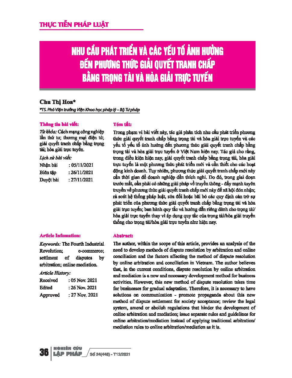 Nhu cầu phát triển và các yếu tố ảnh hưởng đến phương thức giải quyết tranh chấp bằng trọng tài và hòa giải trực tuyến / Chu Thị Hoa