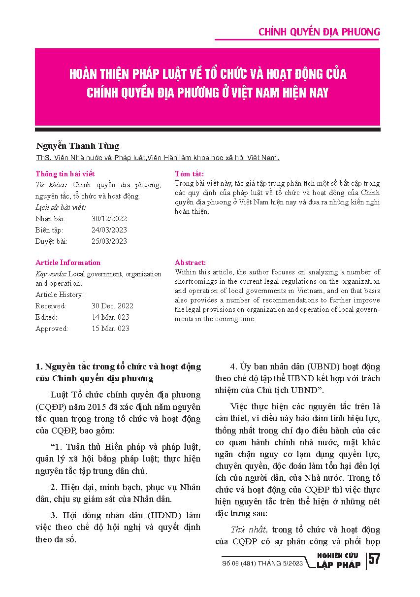 Hoàn thiện pháp luật về tổ chức và hoạt động của chính quyền địa phương ở Việt Nam hiện nay