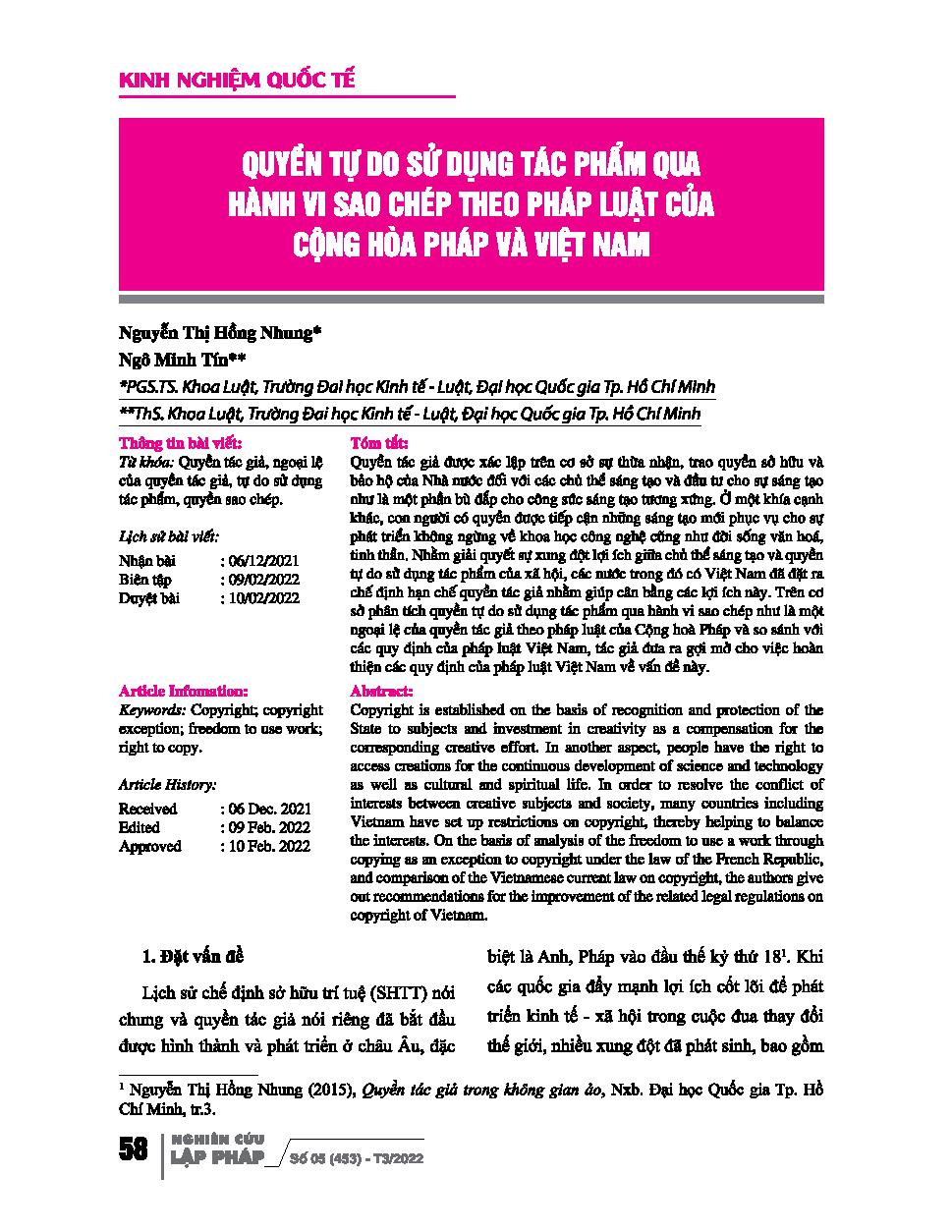 Quyền tự do sử dụng tác phẩm qua hành vi sao chép theo pháp luật của Cộng hòa Pháp và Việt Nam