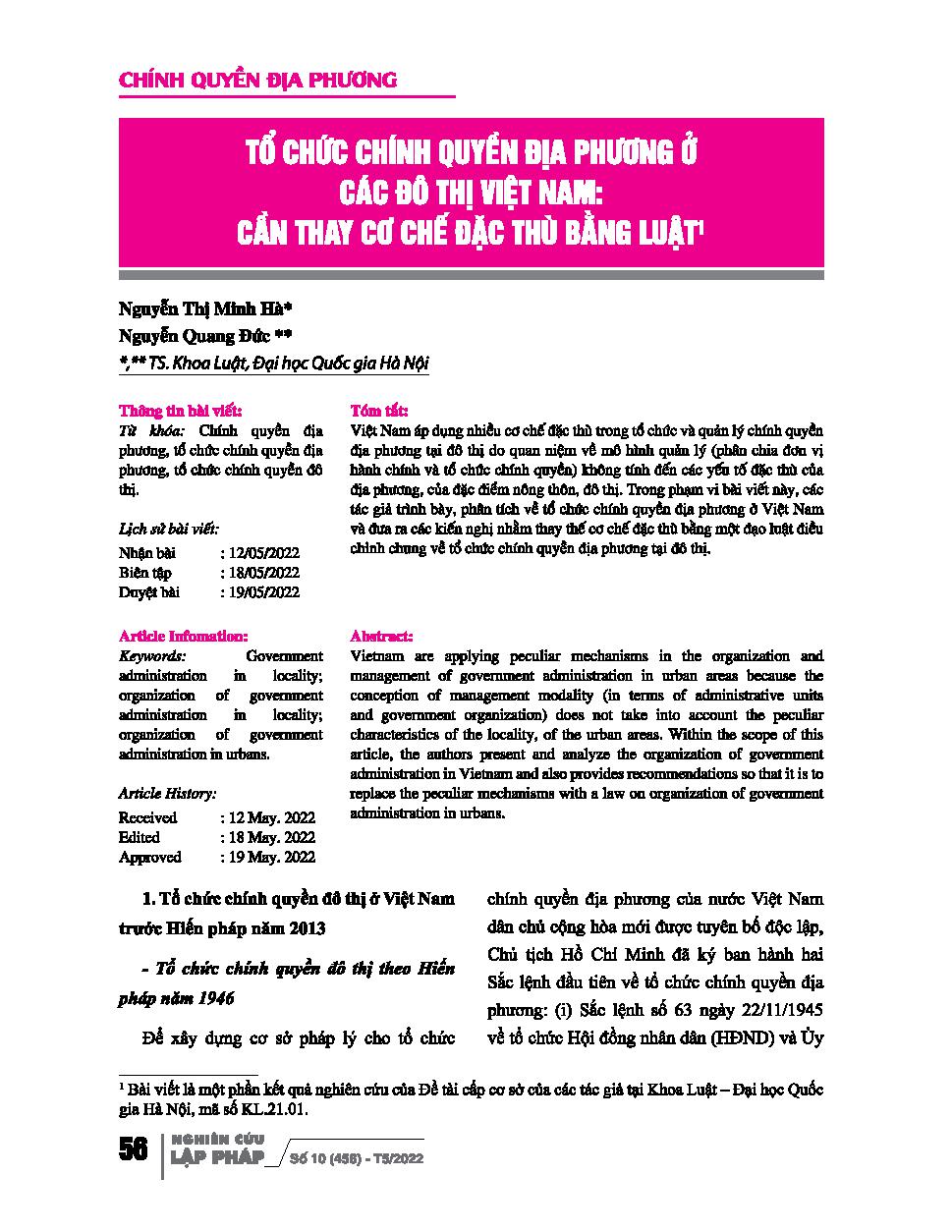 Tổ chức chính quyền địa phương ở các đô thị Việt Nam: Cần thay cơ chế đặc thù bằng luật / Nguyễn Thị Minh Hà, Nguyễn Quang Đức