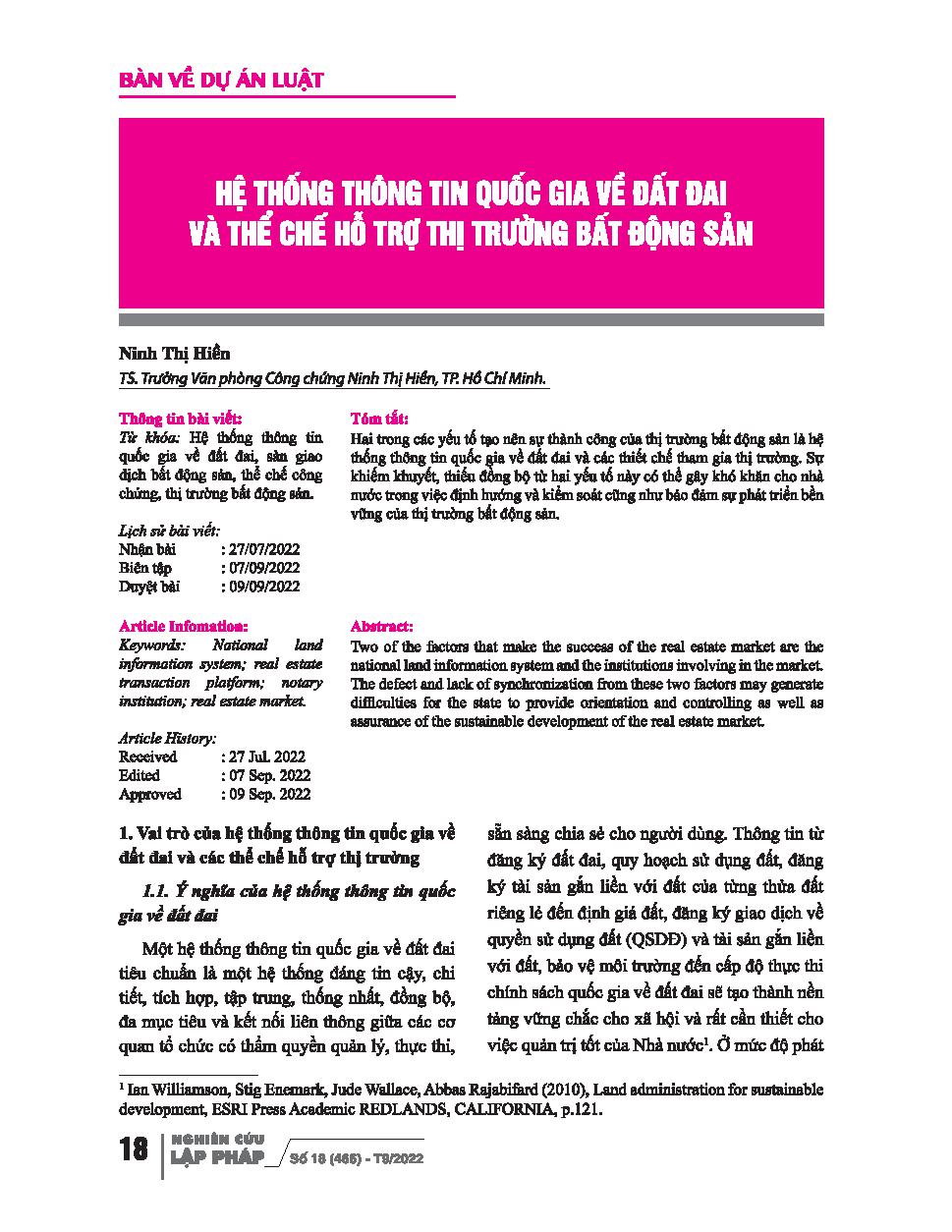 Hệ thống thông tin quốc gia về đất đai và thể chế hỗ trợ thị trường bất động sản / Ninh Thị Hiền
