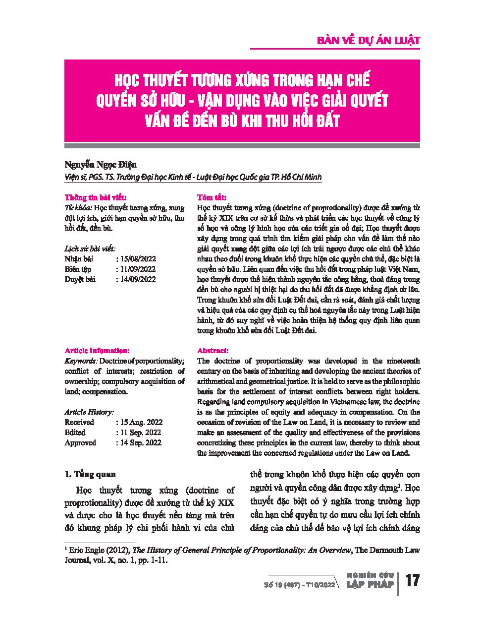 Học thuyết tương xứng trong hạn chế quyền sở hữu - vận dụng vào việc giải quyết vấn đề đền bù khi thu hồi đất / Nguyễn Ngọc Điện