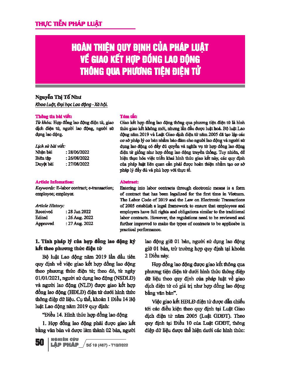 Hoàn thiện quy định của pháp luật về giao kết hợp đồng lao động thông qua phương tiện điện tử / Nguyễn Thị Tố Như