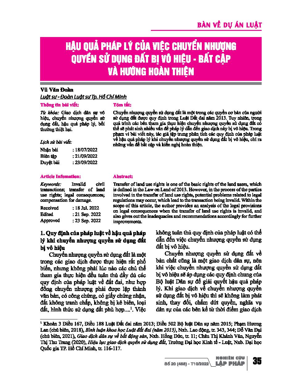 Hậu quả pháp lý của việc chuyển nhượng quyền sử dụng đất bị vô hiệu - bất cập và hướng hoàn thiện