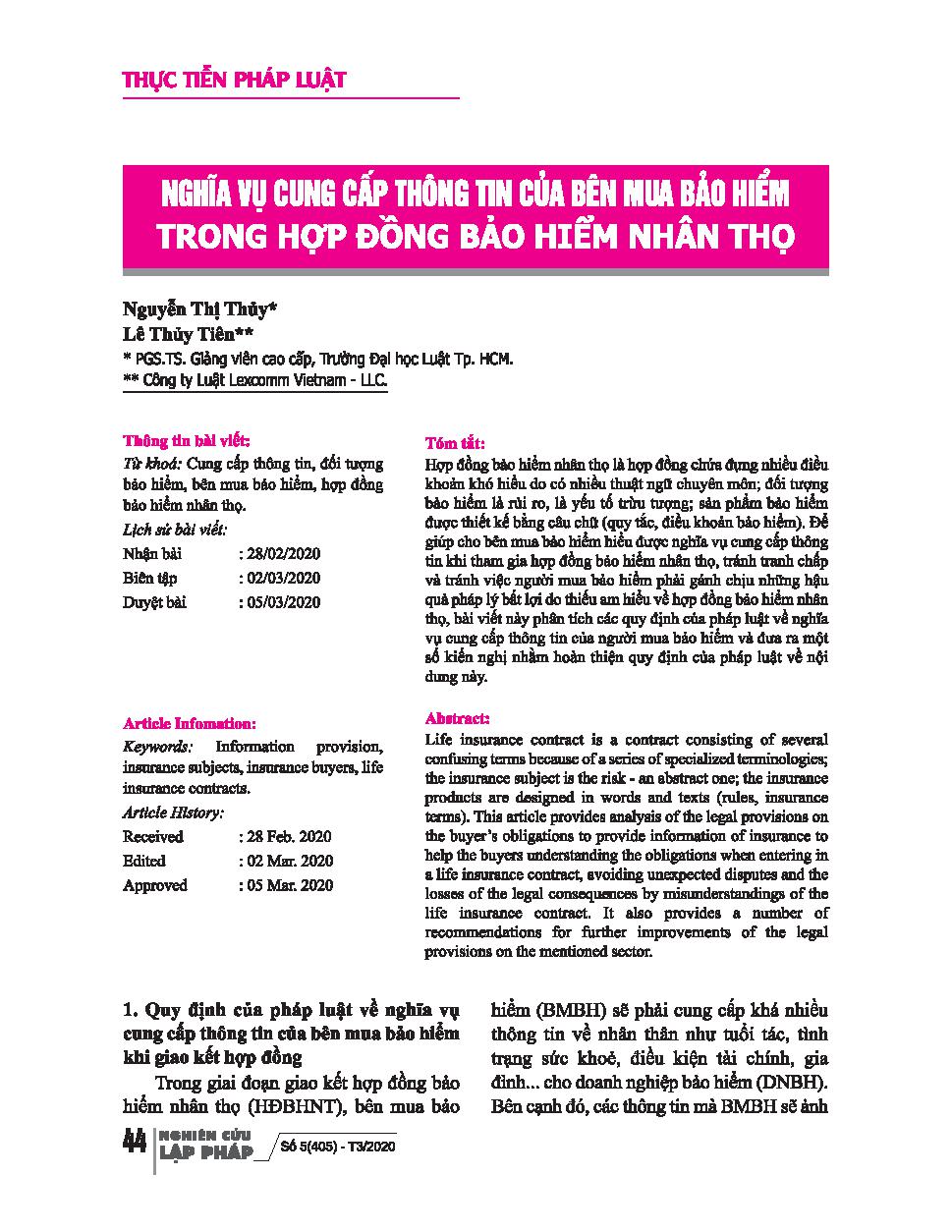 Nghĩa vụ cung cấp thông tin của bên mua bảo hiểm trong hợp đồng bào hiểm nhân thọ