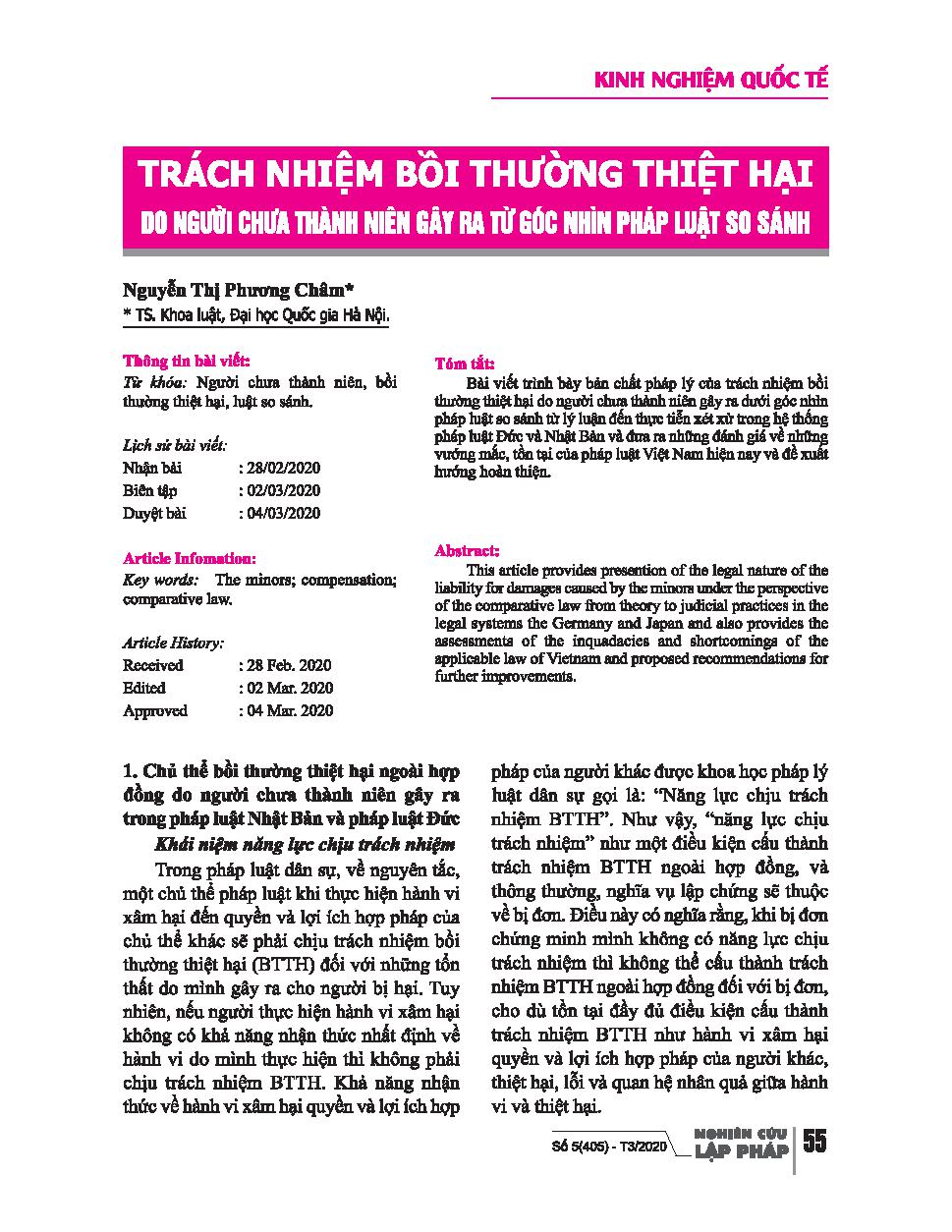 Trách nhiệm bồi thường thiệt hại do người chưa thành niên gây ra từ góc nhìn pháp luật so sánh