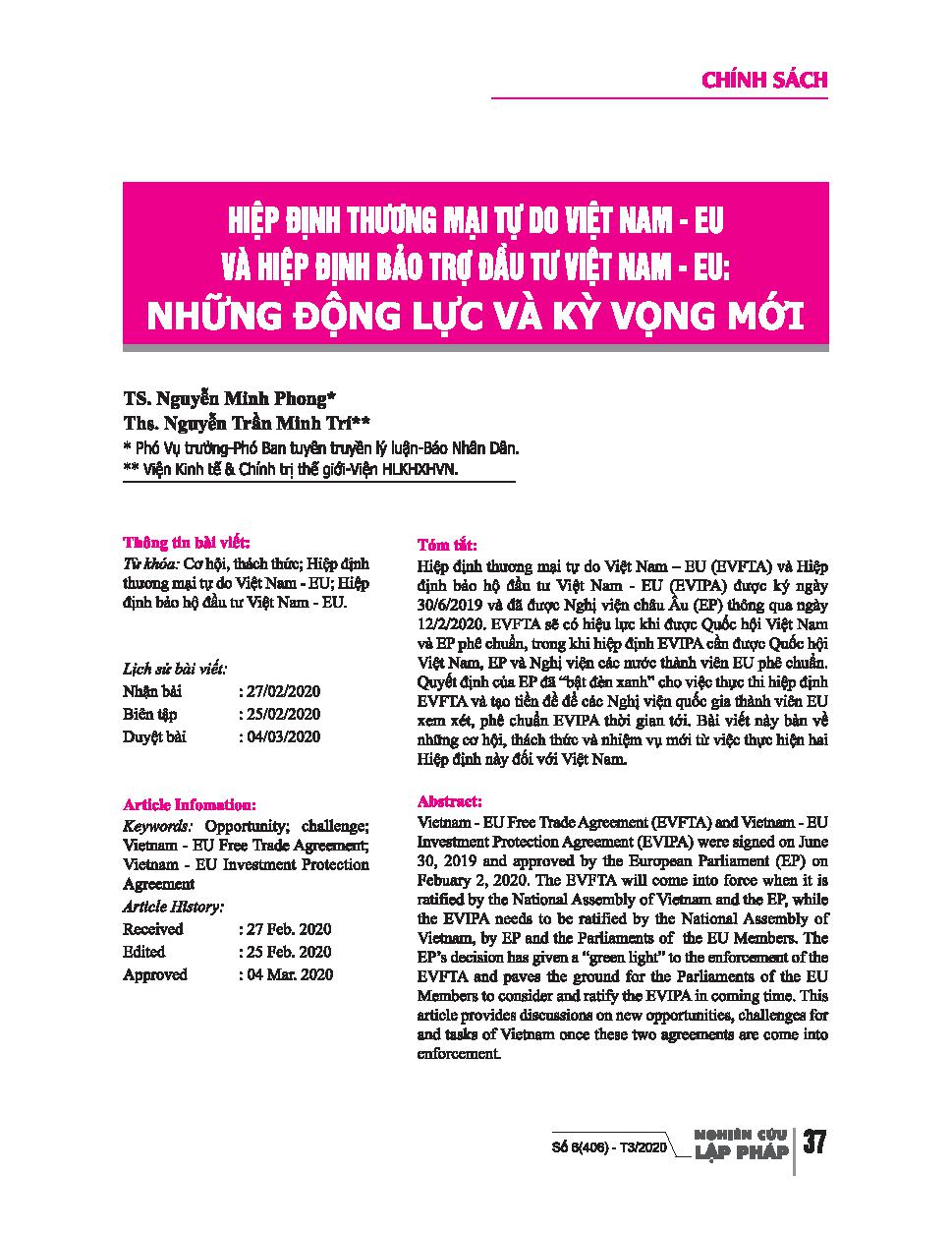 Hiệp định thương mại tự do Việt Nam - EU và Hiệp định bảo trợ đầu tư Việt Nam - EU: Những động lực và kỳ vọng mới