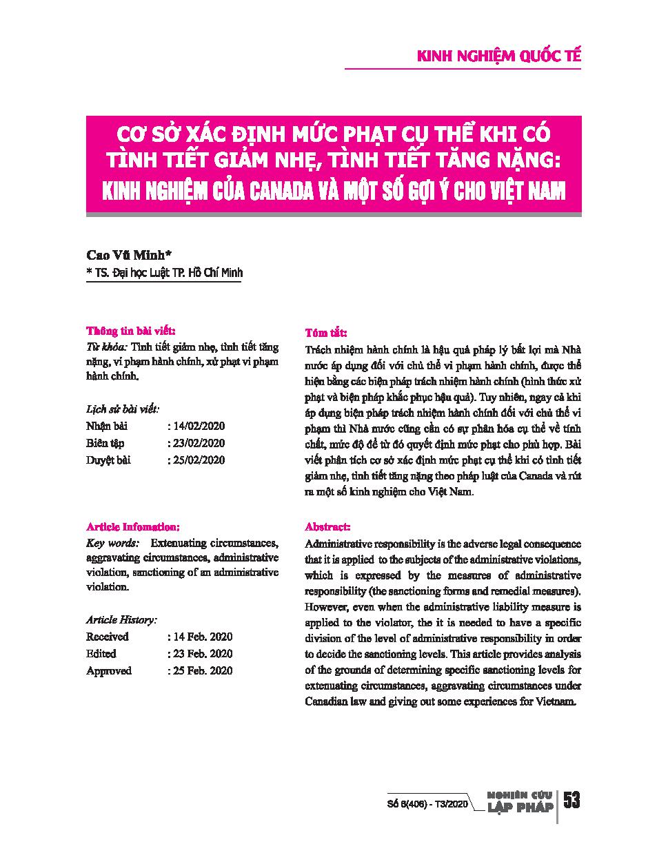 Cơ sở xác định mức phạt cụ thể khi có tình tiết giảm nhẹ, tình tiết tăng nặng: Kinh nghiệm của Canada và một số gợi ý cho Việt Nam