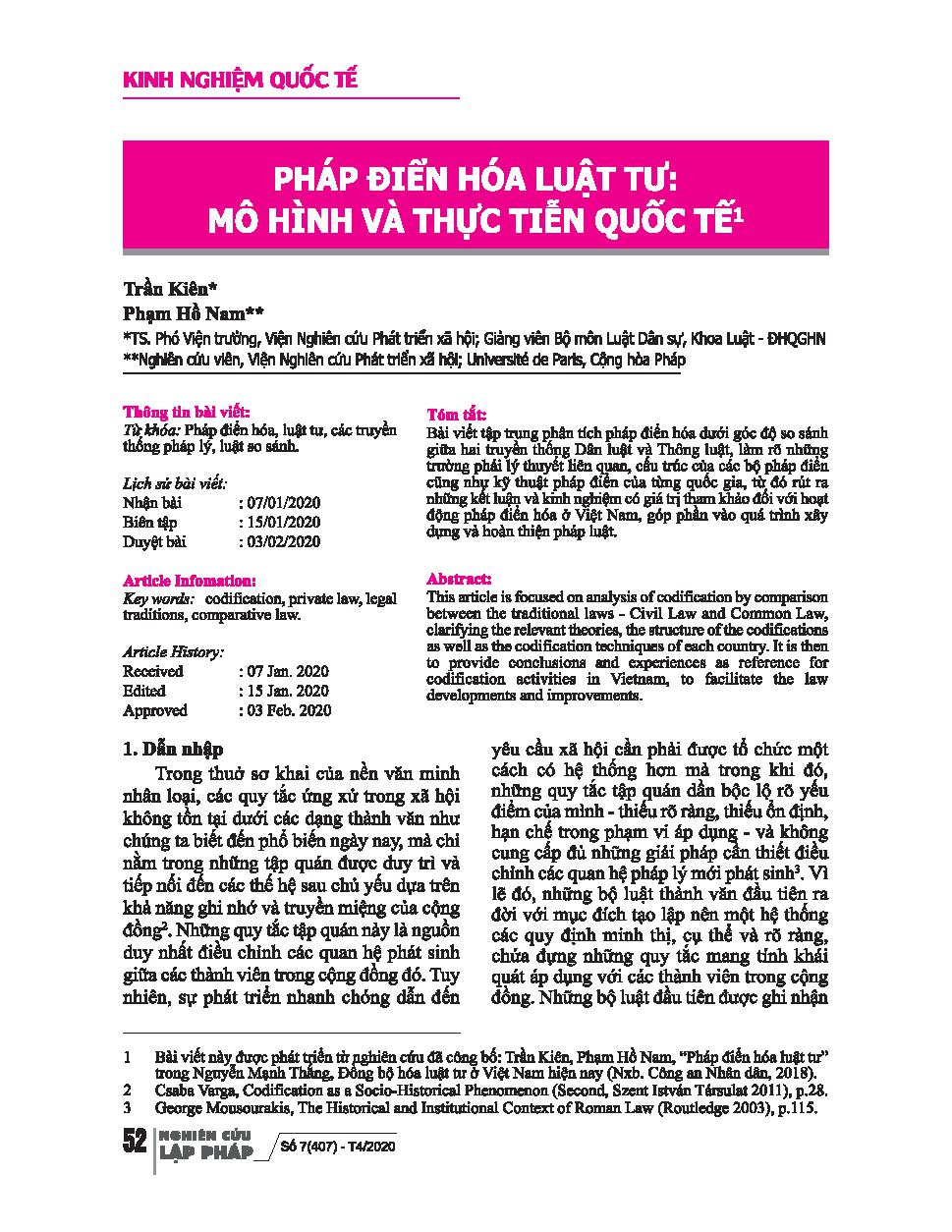 Pháp điển hóa Luật tư: Mô hình và thực tiễn quốc tế