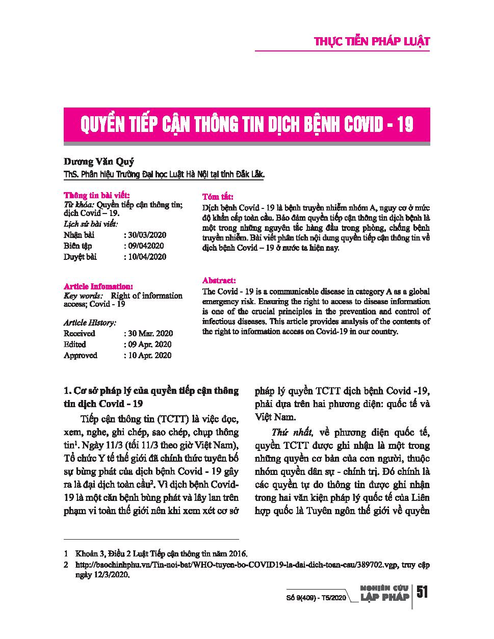 Quyền tiếp cận thông tin dịch bệnh Covid - 19