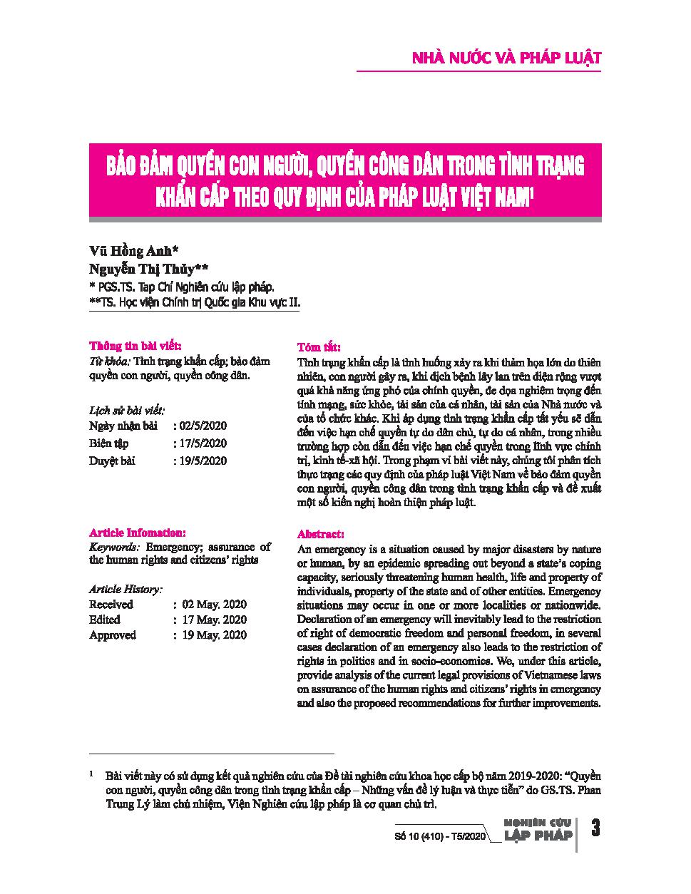 Bảo đảm quyền con người, quyền công dân trong tình trạng khẩn cấp theo quy định của pháp luật Việt Nam