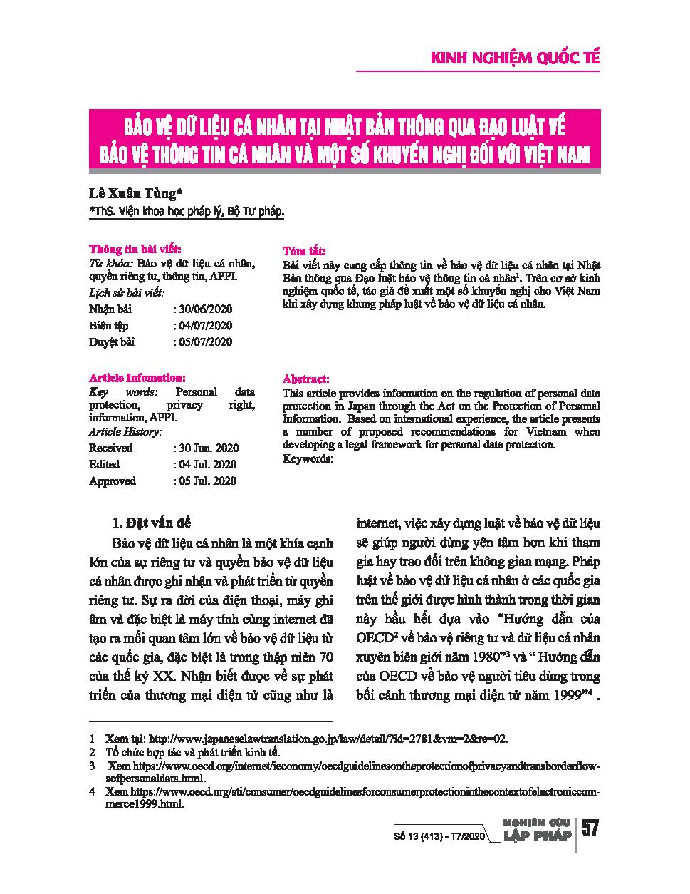 Bảo vệ dữ liệu cá nhân tại Nhật Bản thông qua đạo luật về bảo vệ thông tin cá nhân và một số khuyến nghị đối với Việt Nam