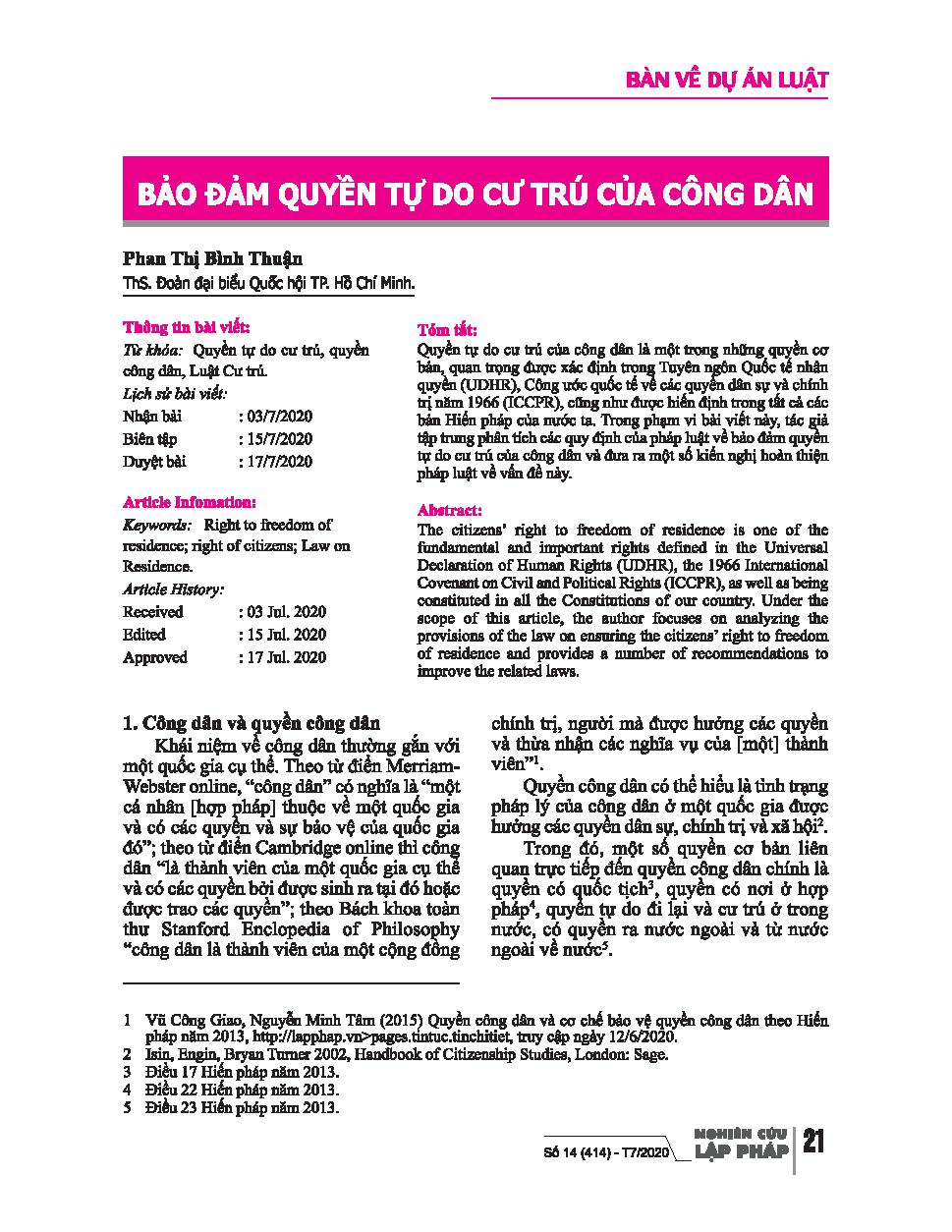 Bảo đảm quyền tự do cư trú của công dân