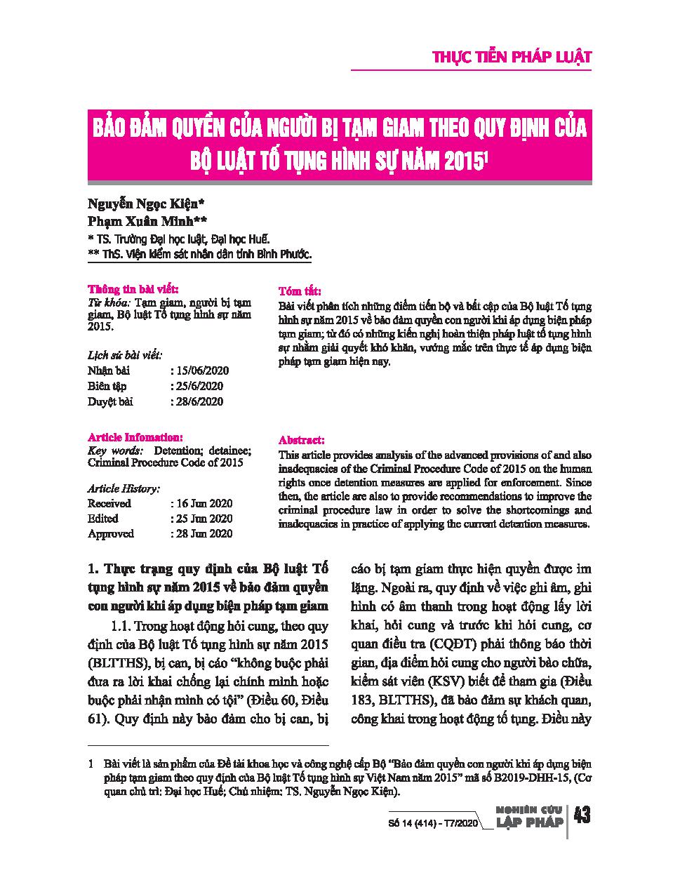 Đảm bảo quyền của người bị tạm giam theo quy định của Bộ luật Tố tụng Hình sự năm 2015