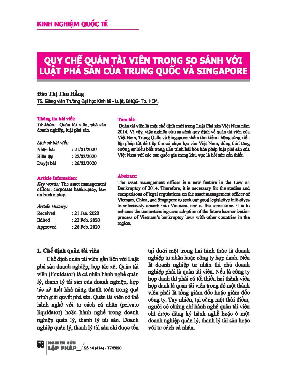 Quy chế quản tài viên trong so sánh với luật phá sản của Trung Quốc và Singapore