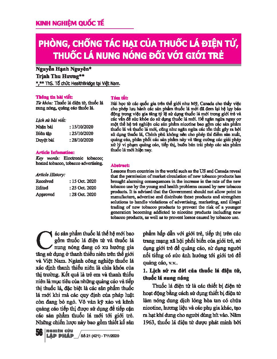 Phòng, chống tác hại của thuốc lá điện tử, thuốc lá nung nóng đối với giới trẻ