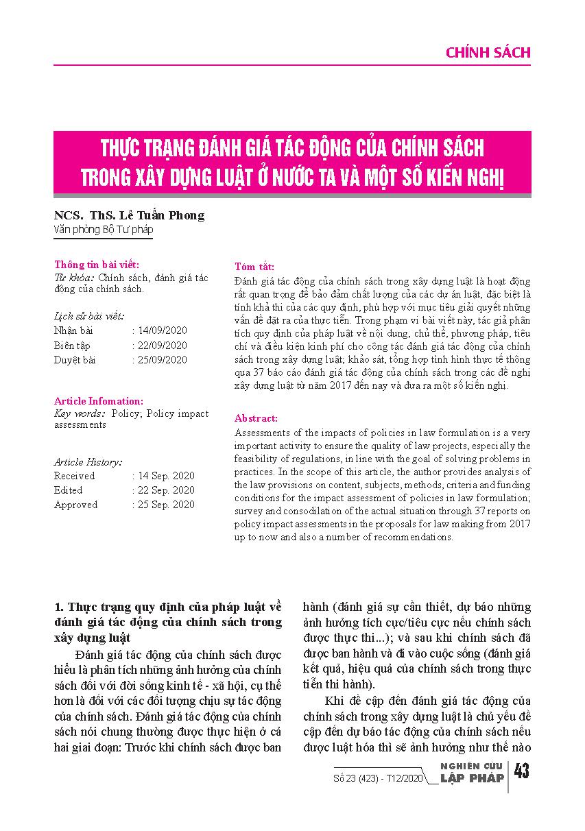 Thực trạng đánh giá tác động của chính sách trong xây dựng luật ở nước ta và một số kiến nghị