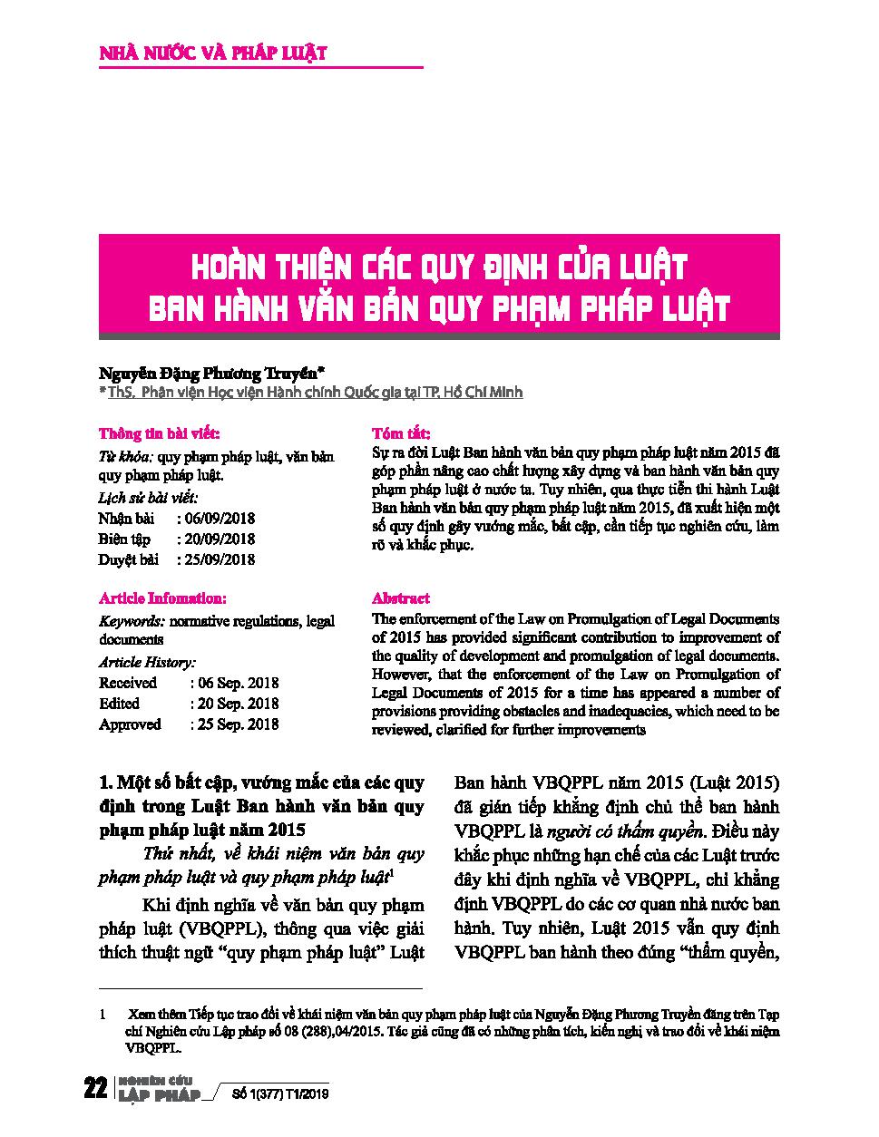 Hoàn thiện các quy định của luật ban hành văn bản quy phạm pháp luật