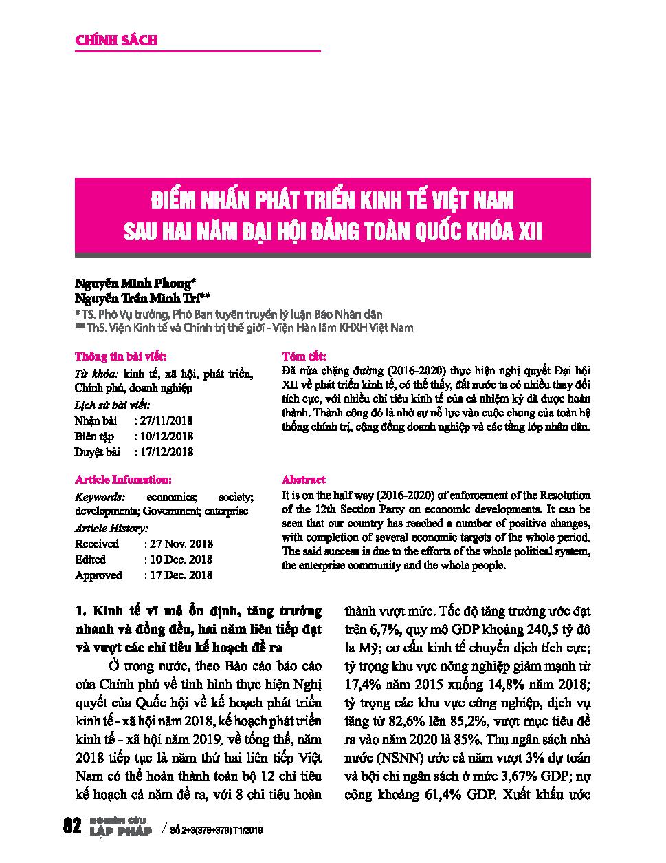 Điểm nhấn phát triển kinh tế Việt Nam sau hai năm đại hội Đảng toàn quốc khóa XII