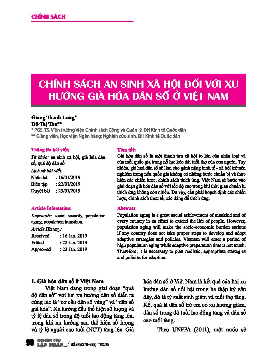 Chính sách an sinh xã hội đối với xu hướng già hóa dân số ở Việt Nam