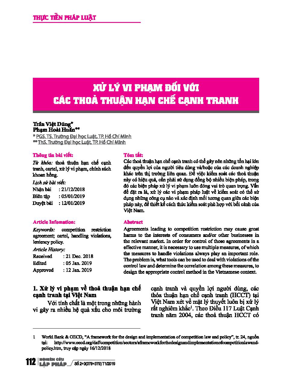 Xử lý vi phạm đối với các thỏa thuận hạn chế cạnh tranh