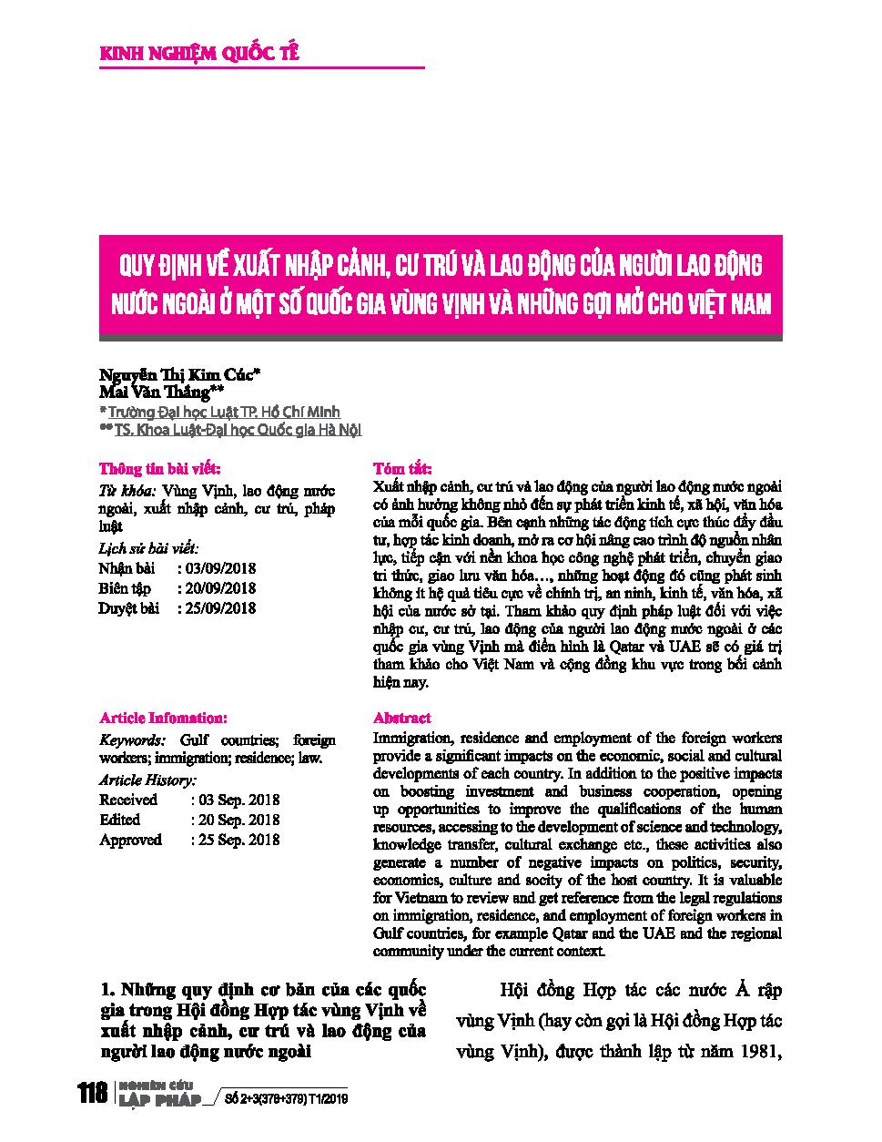 Quy định về xuất nhập cảnh, cứ trú và lao động của người lao động nước ngoài ở một số quốc gia vùng Vình và gợi mở cho Việt Nam
