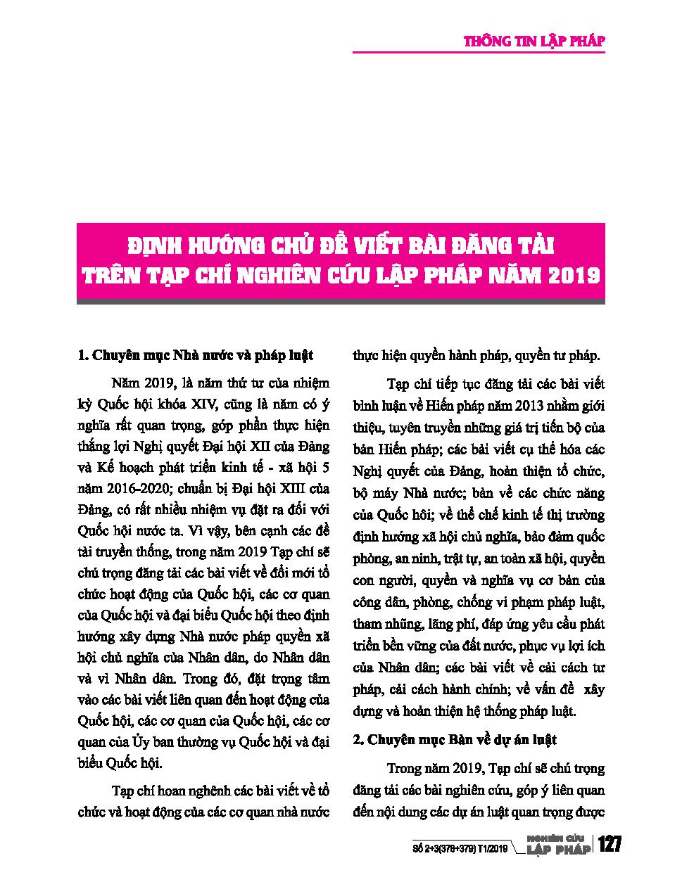 Định hướng chủ đề viết bài đăng tải trên tạp chí nghiên cứu lập pháp năm 2019
