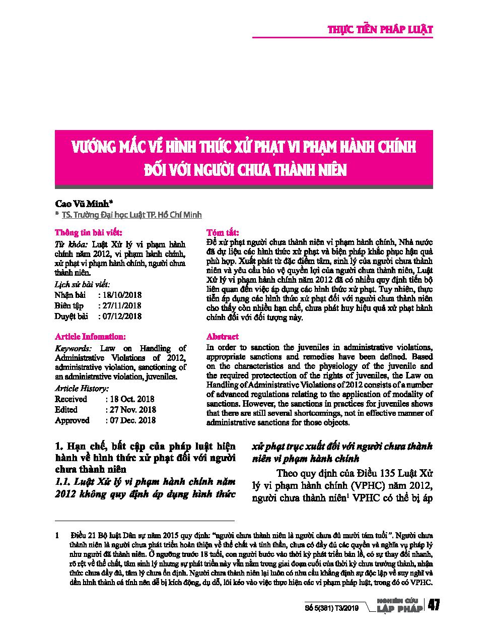 Vướng mắc về hình thức xử phạt vi phạm hành chính đối với người chưa thành niên