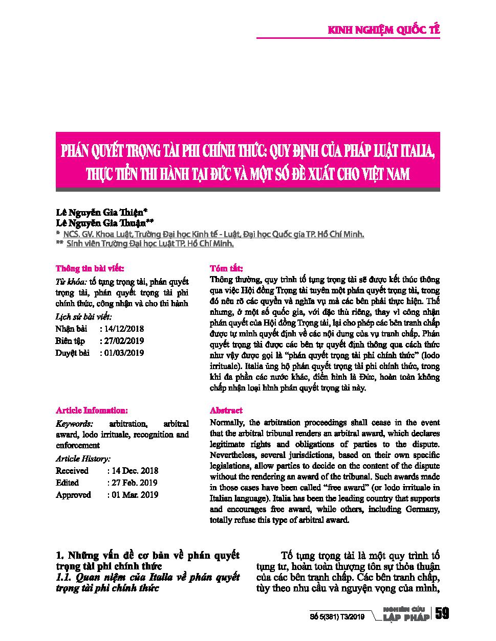 Phán quyết trọng tài phi chính thức: Quy định của pháp luật Italia, thực tiễn thi hành tại Đức và một số đề xuất cho Việt Nam
