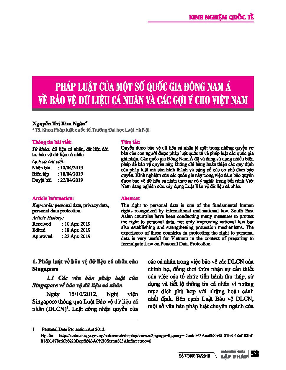 Pháp luật của một số quốc gia Đông Nam Á về bảo vệ dữ liệu cá nhân và các gợi ý cho Việt Nam