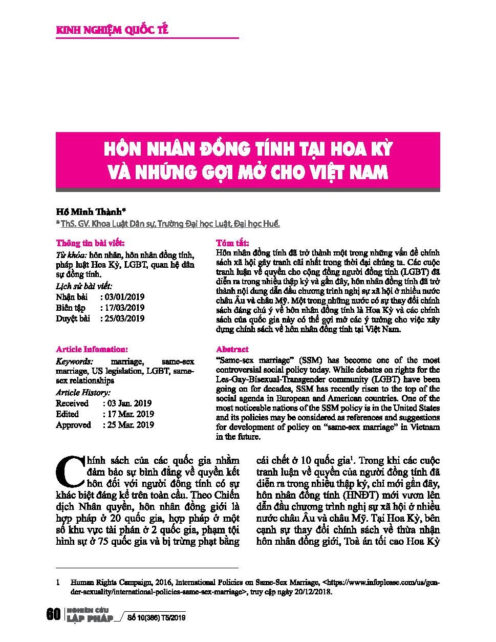 Hôn nhân đồng tính tại Hoa Kỳ và những gợi mở cho Việt Nam