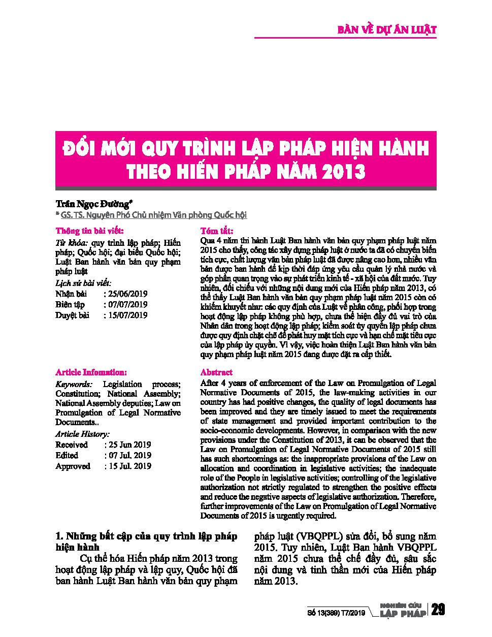 Đổi mới quy trình lập pháp hiện hành theo hiến pháp năm 2013