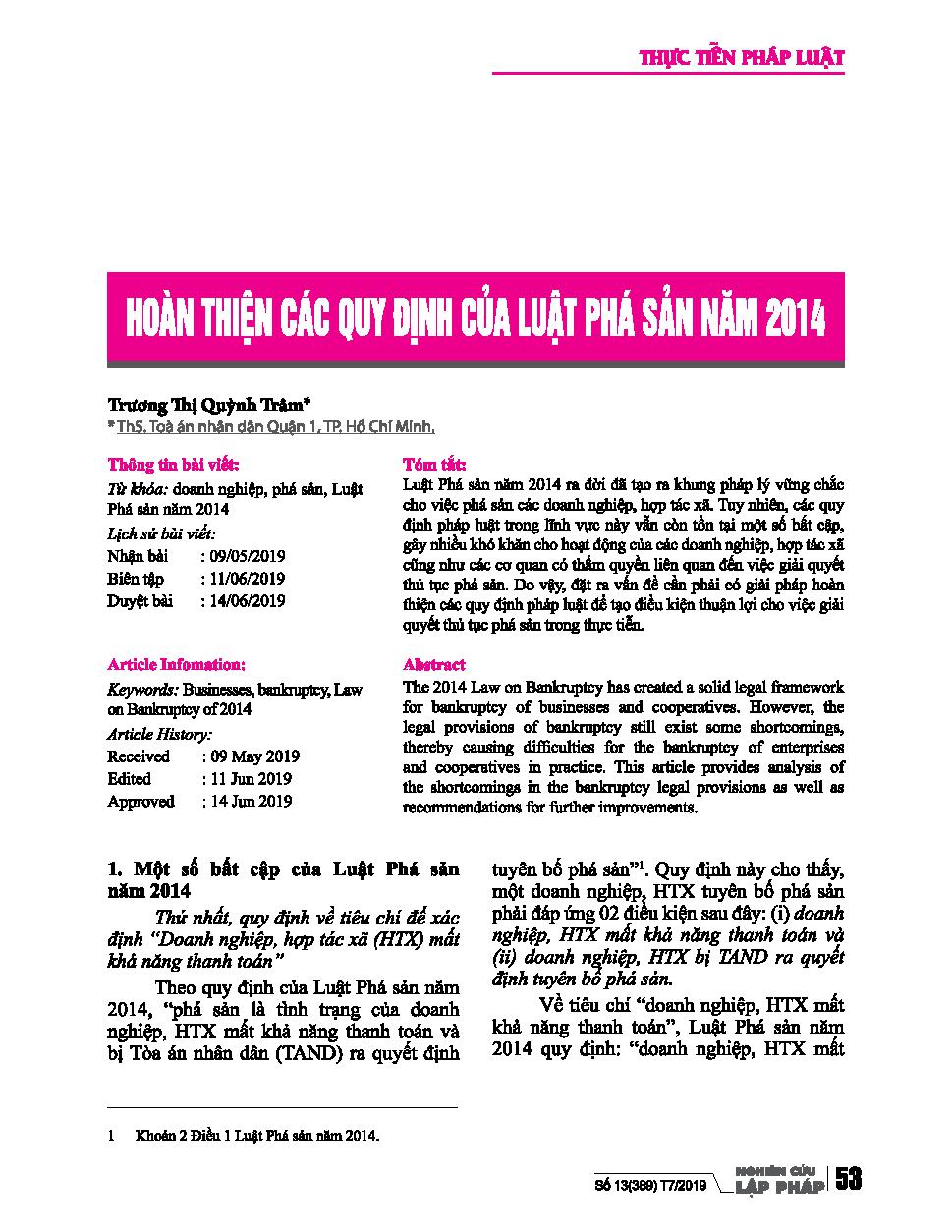 Hoàn thiện các quy định của luật phá sản năm 2014