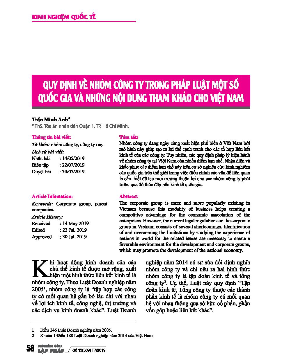 Quy định về nhóm công ty trong pháp luật một số quốc gia và những nội dung tham khảo cho Việt Nam