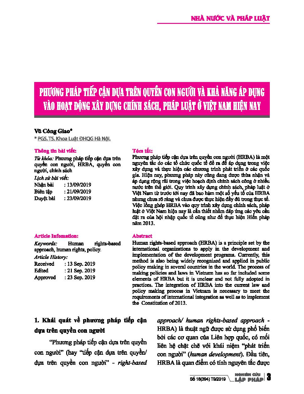 Phương pháp tiếp cận dựa trên quyền con người và khả năng áp dụng vào hoạt động xây dựng chính sách, pháp luật ở Việt Nam hiện nay