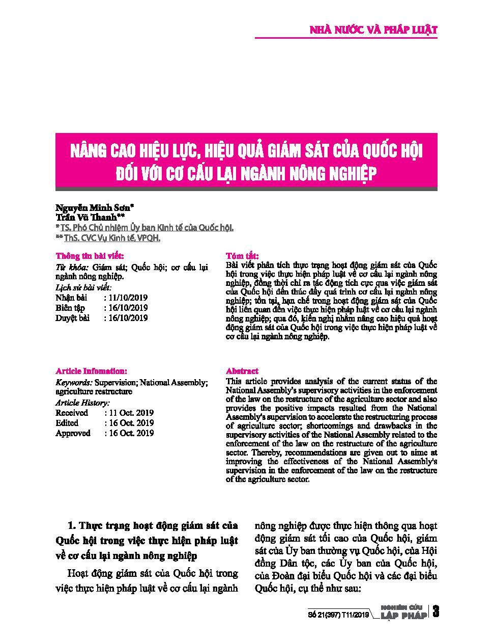 Nâng cao hiệu lực, hiệu quả giám sát của quốc hội đối với cơ cấu lại ngành nông nghiệp