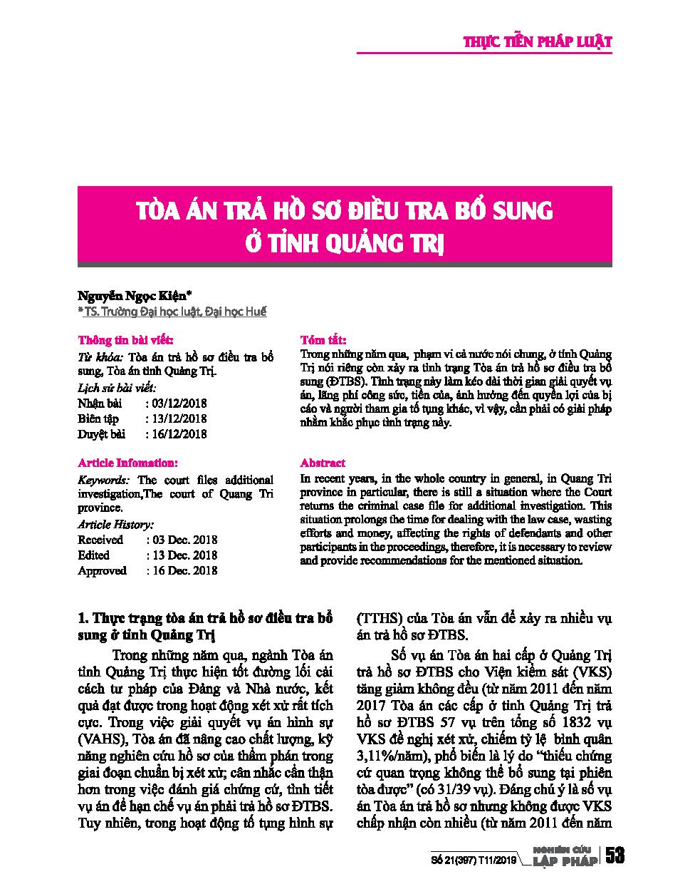 Tòa án trả hồ sơ điều tra bổ sung ở tỉnh Quảng Trị