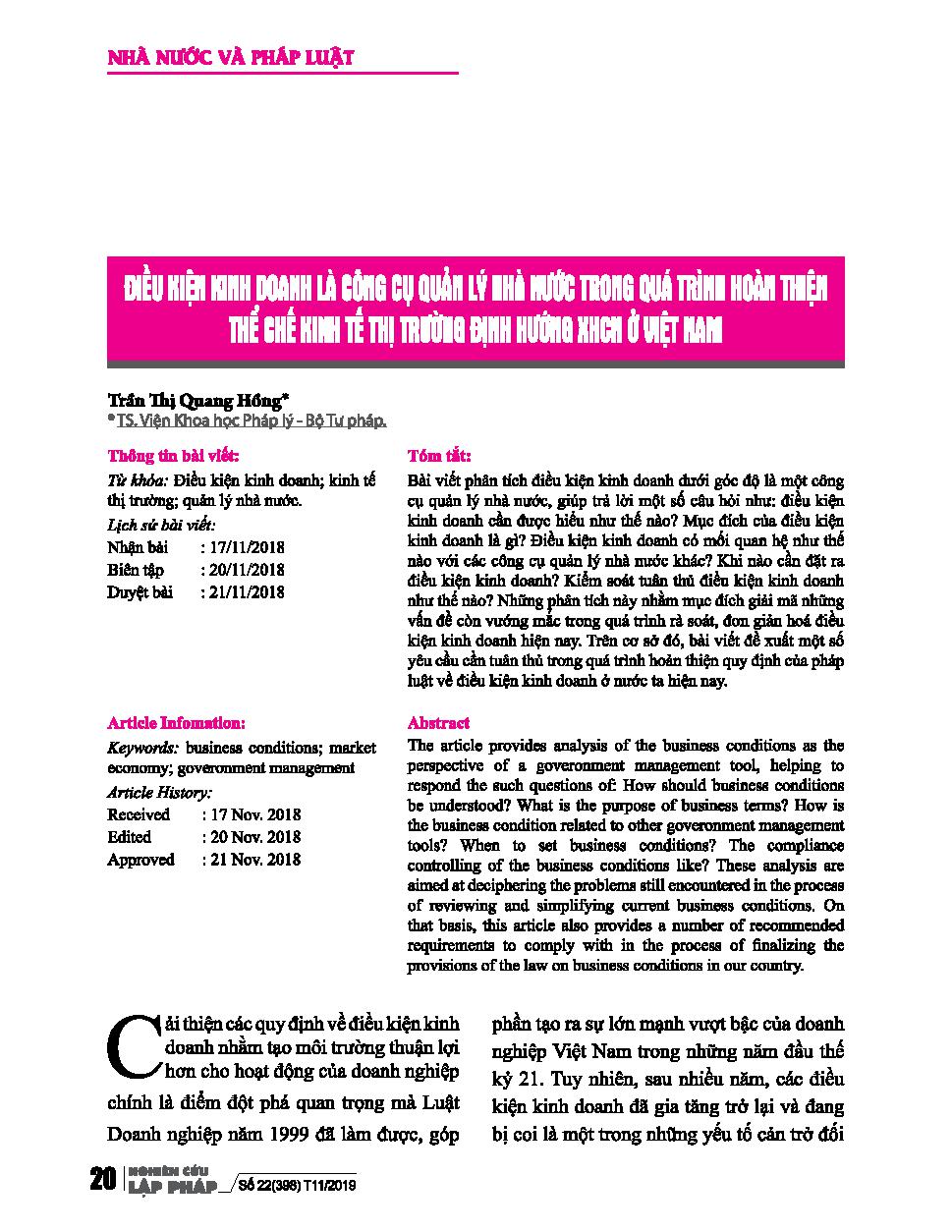 Điều kiện kinh doanh là công cụ quản lý nhà nước trong quá trình hoàn thiện thể chế kinh tế thị trường định hướng xã hội chủ nghĩa ở Việt Nam