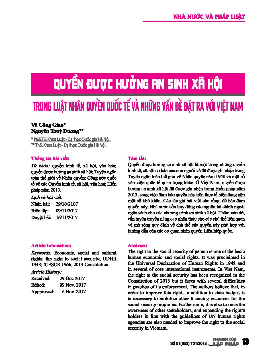 Quyền được hưởng an sinh xã hội trong Luật Nhân quyền quốc tế và những vấn đề đặt ra với Việt Nam