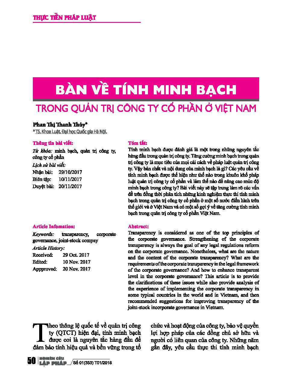 Bàn về tính minh bạch trong quản trị công ty cổ phần ở Việt Nam