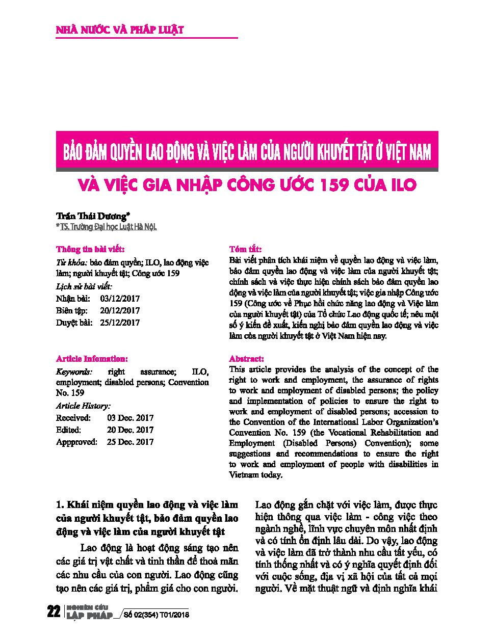 Bảo đảm quyền lao động và việc làm của người khuyết tật ở Việt Nam và việc gia nhập Công ước 159 của ILO