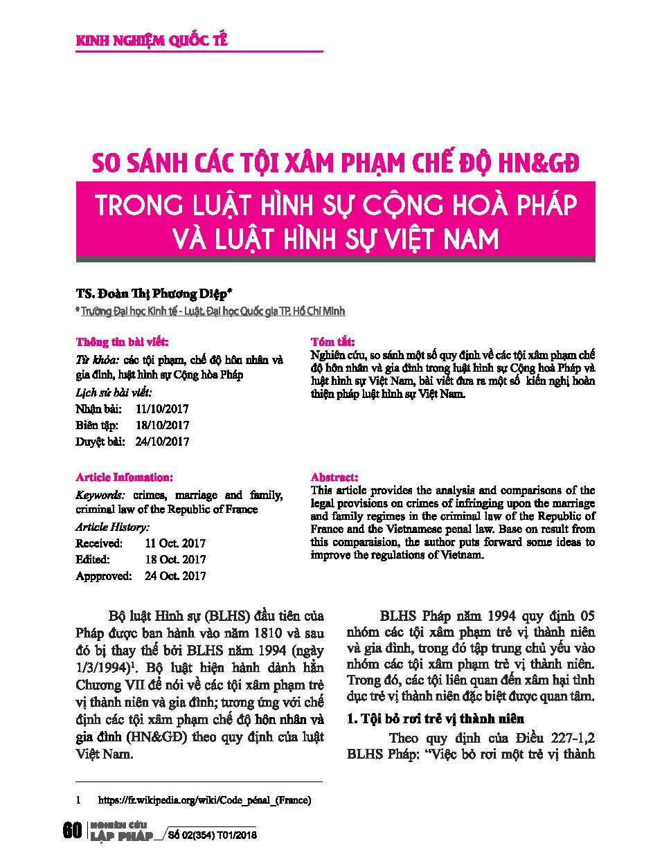 So sánh các tội xâm pham chế độ HNGĐ trong luật hình sự Cộng hòa Pháp và luật hình sự Việt Nam