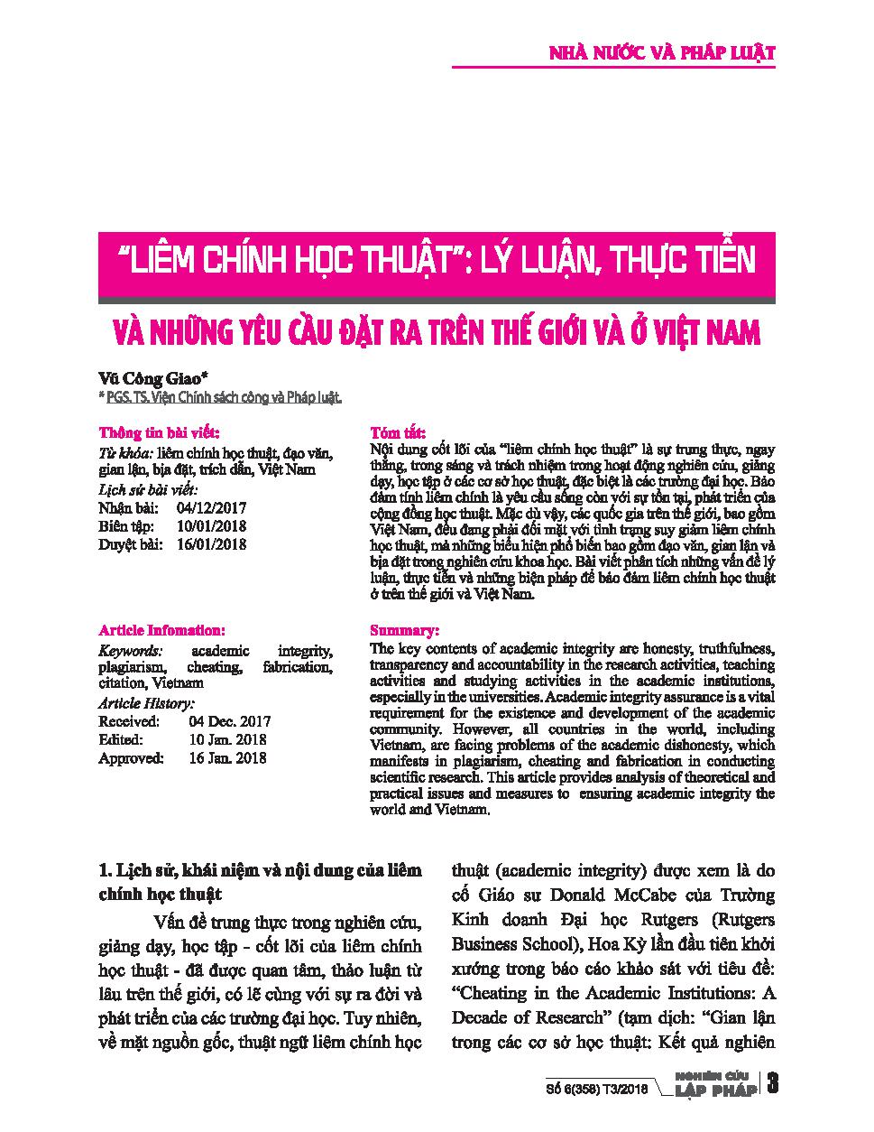 Liêm chính học thuật: lý luận, thực tiễn và những yêu cầu đặt ra trên thế giới và ở Việt Nam