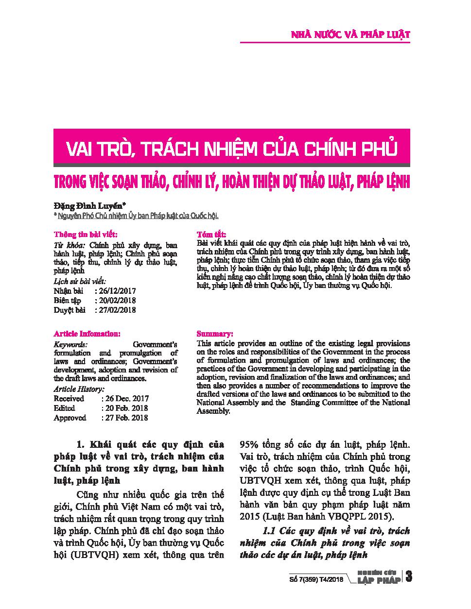 Vai trò, trách nhiệm của chính phủ trong việc soạn thảo, chỉnh lý, hoàn thiện dự thảo luật, pháp lệnh