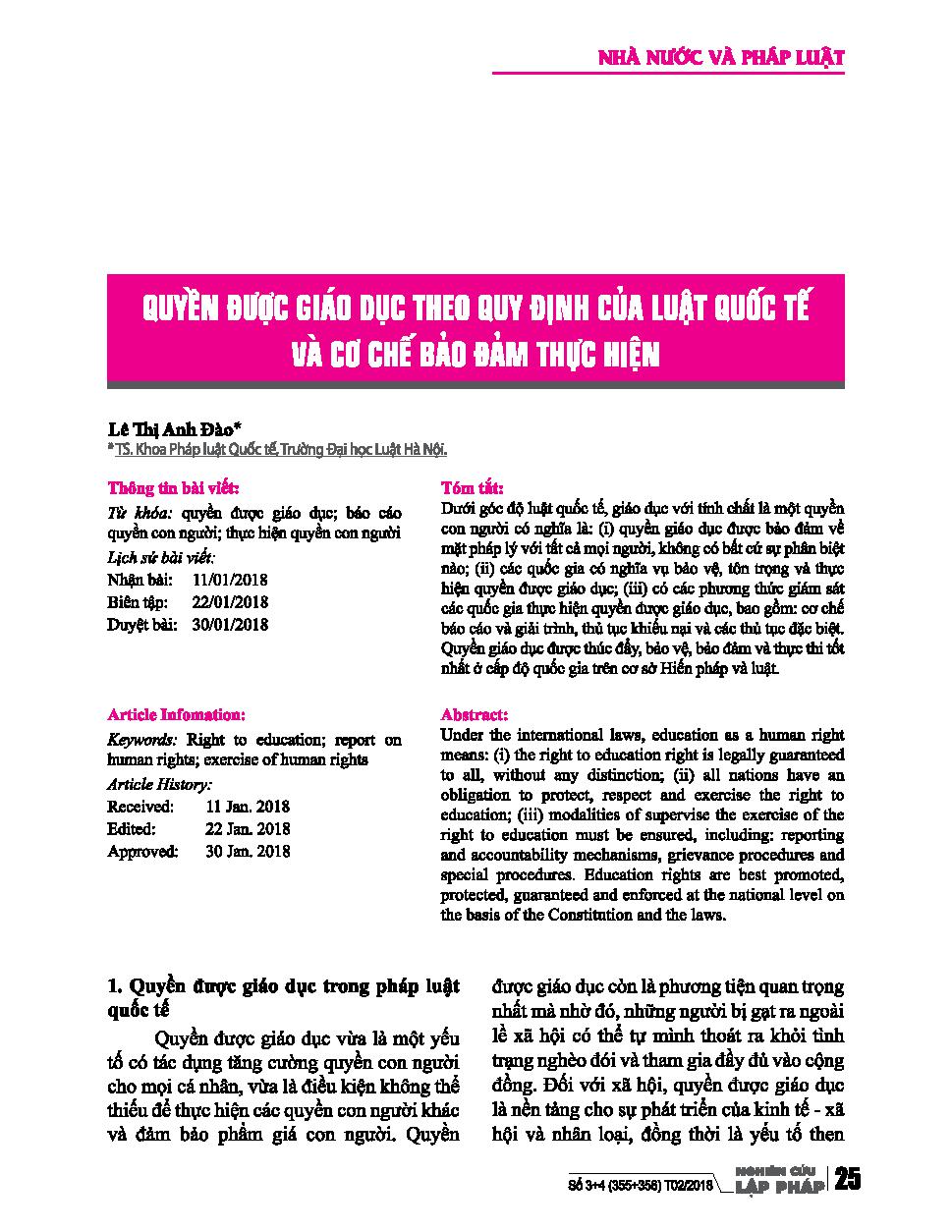 Quyền được giáo dục theo quy định của luật quốc tế và cơ chế bảo đảm thực hiện