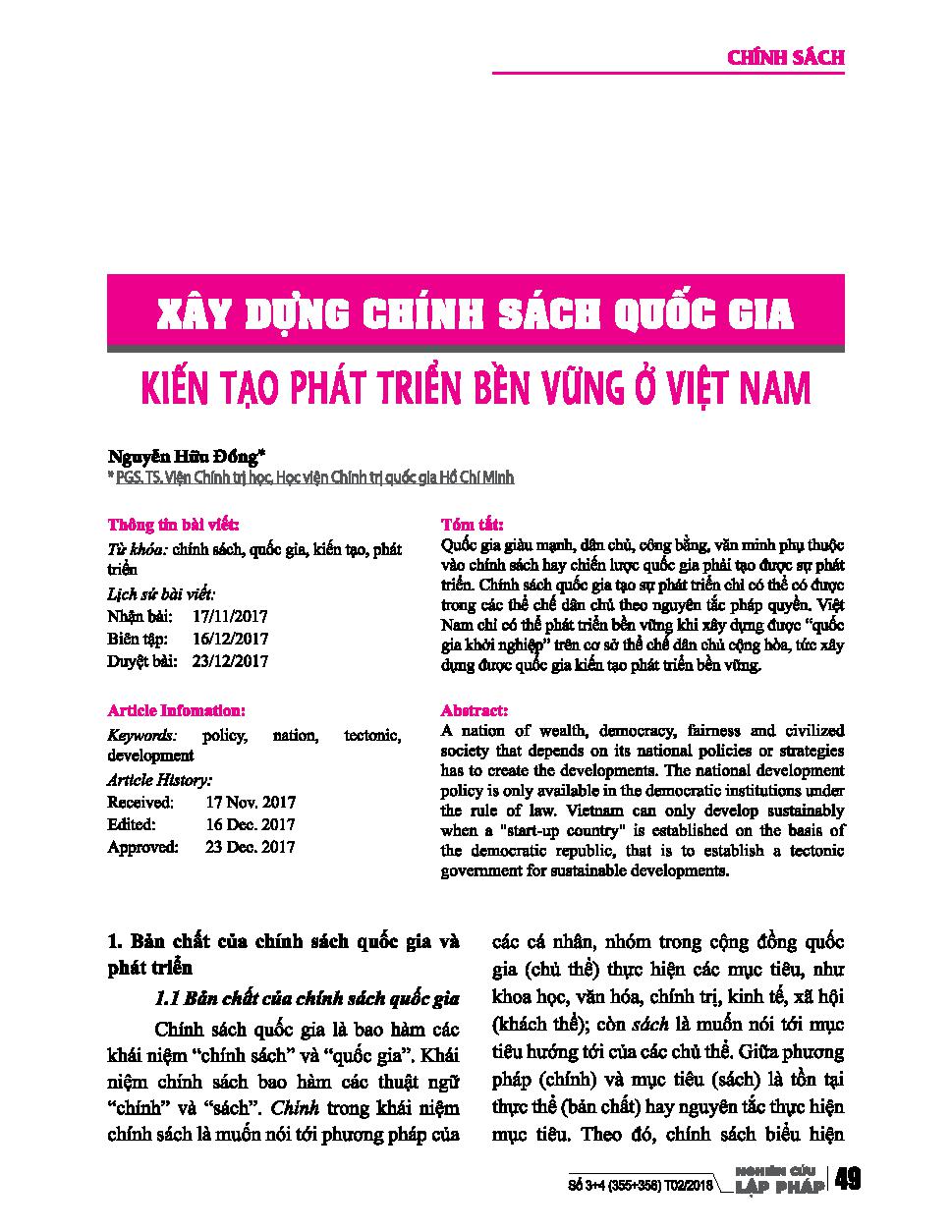 Xây dựng chính sách quốc gia kiến tạo phát triển bền vững ở Việt Nam