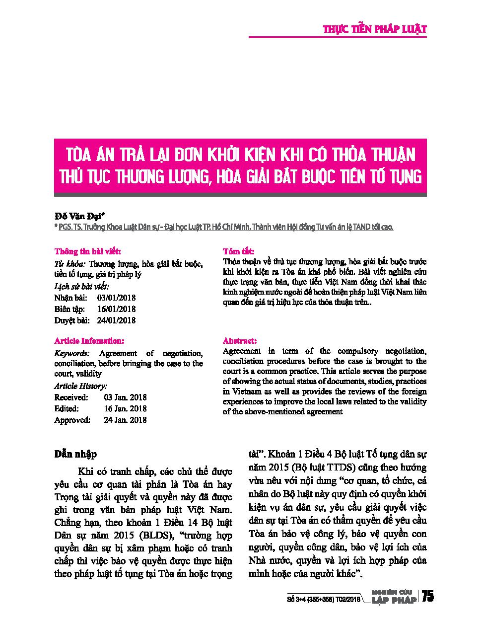 Tòa án trả lại đơn khởi kiện khi có thỏa thuận thủ tục thương lượng, hòa giải bắt buộc tiền tố tụng